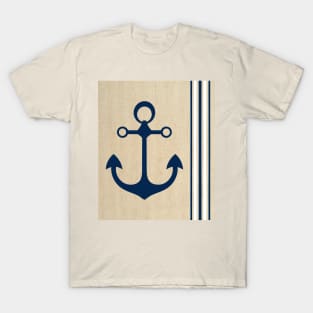 Nautical Boat Yacht Ship Anchor Burlap Navy Blue White Stripes Pattern T-Shirt